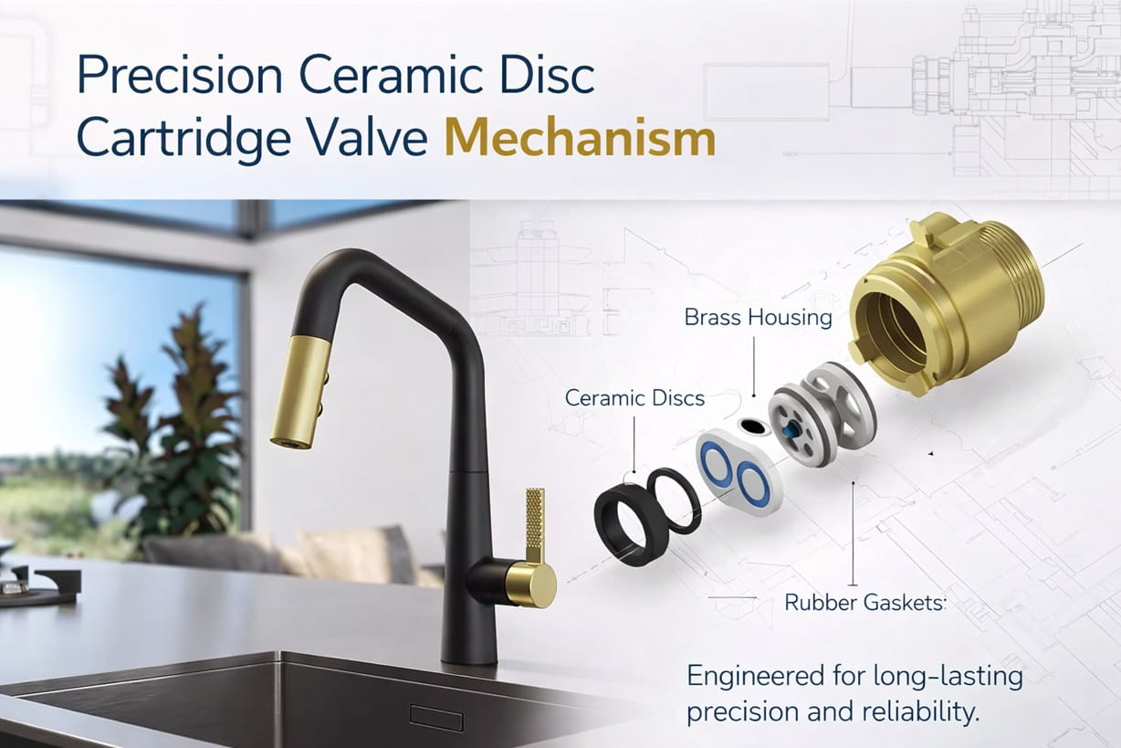Precision-engineered kitchen faucet internal hydraulic valve mechanism and ceramic disc cartridge system for high-cycle operational performance